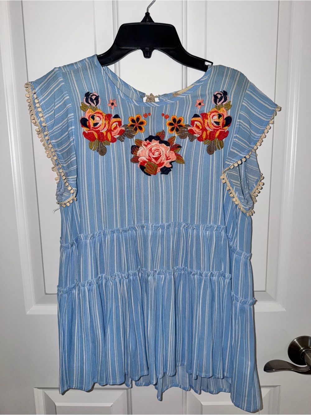 Altar'd State Light Blue Striped Flutter Top with Floral Embroidery Size Small